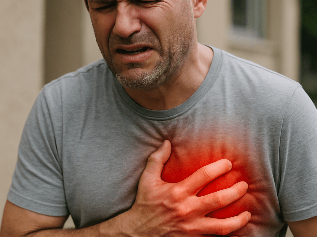 Man clutching his chest from the pain of a heart attack.