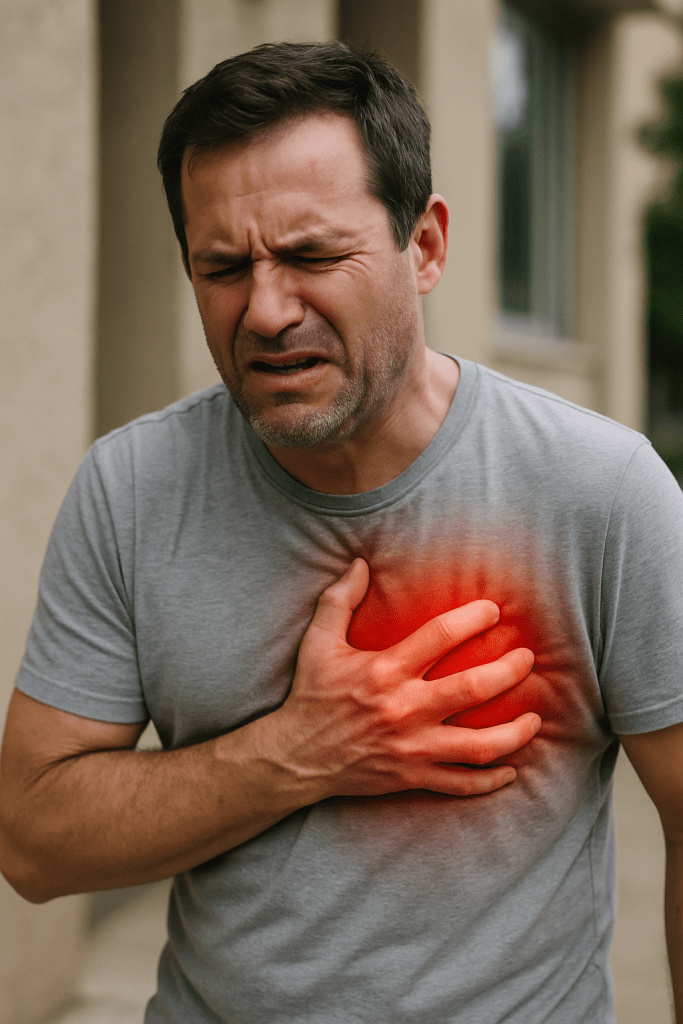 Man clutching his chest from the pain of a heart attack.